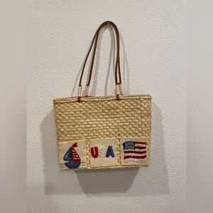USA Sequin Patch Wicker Tote with Leather Handles